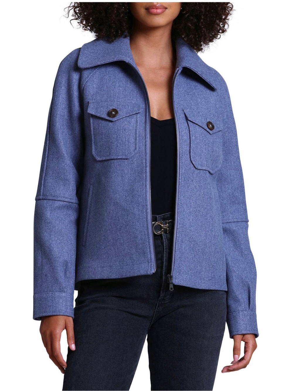AVEC LES FILLES Modern Zip-Up Utility Jacket in Storm Blue M Preppy